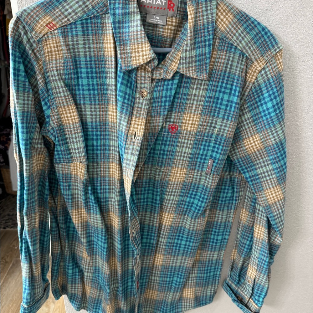 Ariat Women's Blue and Tan Plaid Button Down Shirt FR